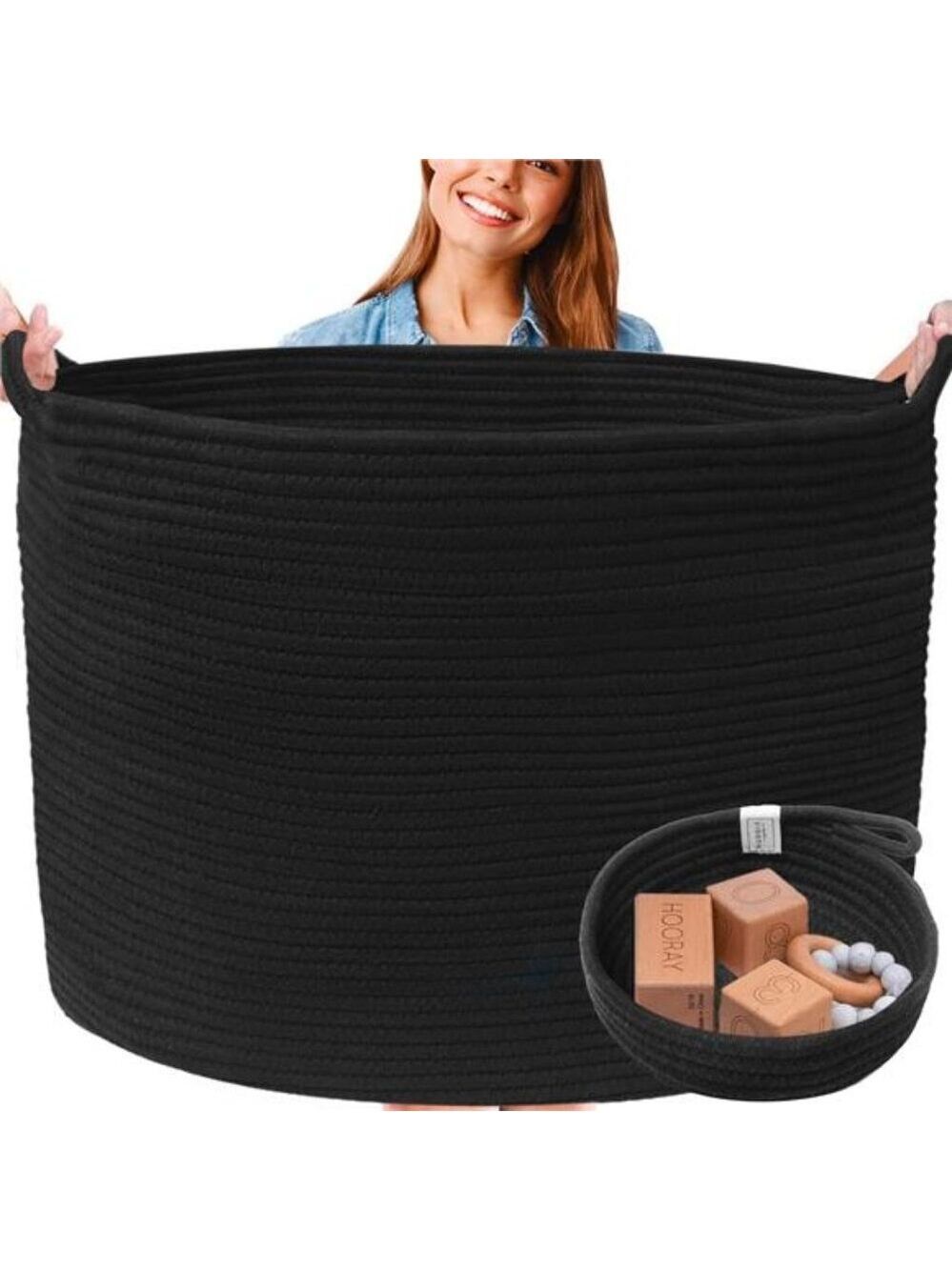 Extra Large Black Woven Basket 2 Pack Blanket Toy Laundry Storage Baskets